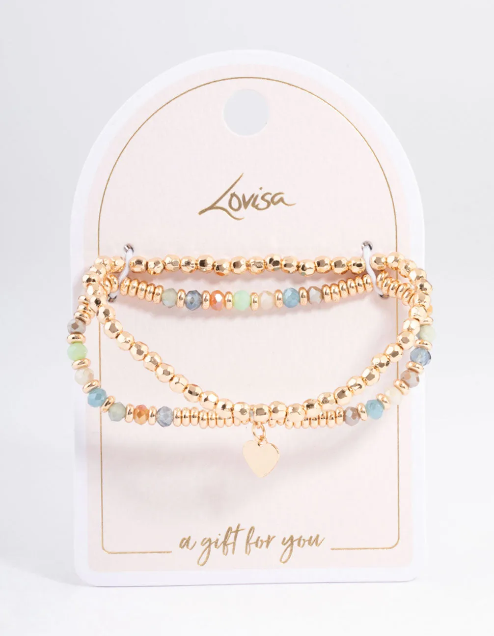 Gold Mixed Bead Heart Stretch Bracelet Pack