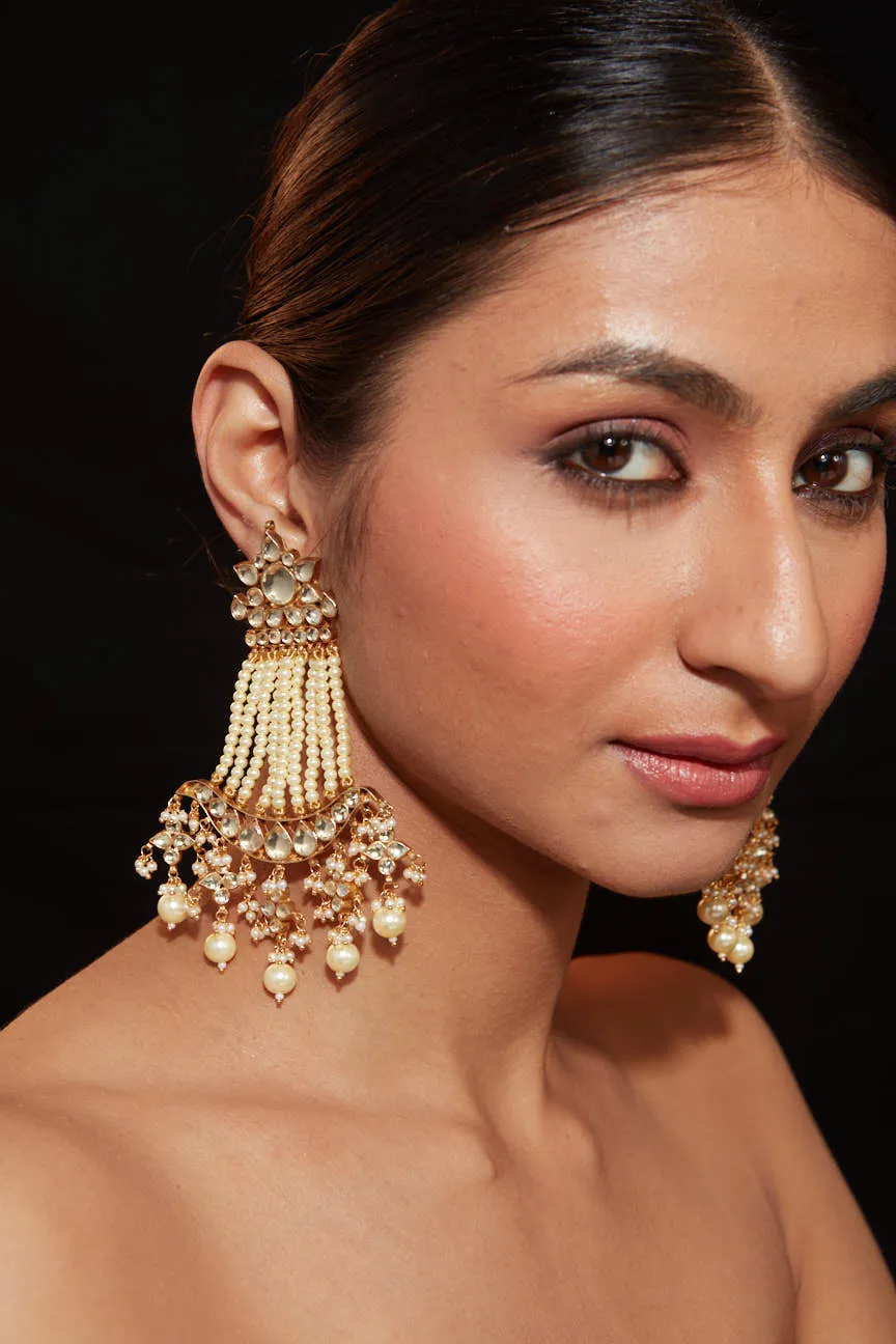 Gold Plated Kundan With Pearl Strand Dangle Earrings