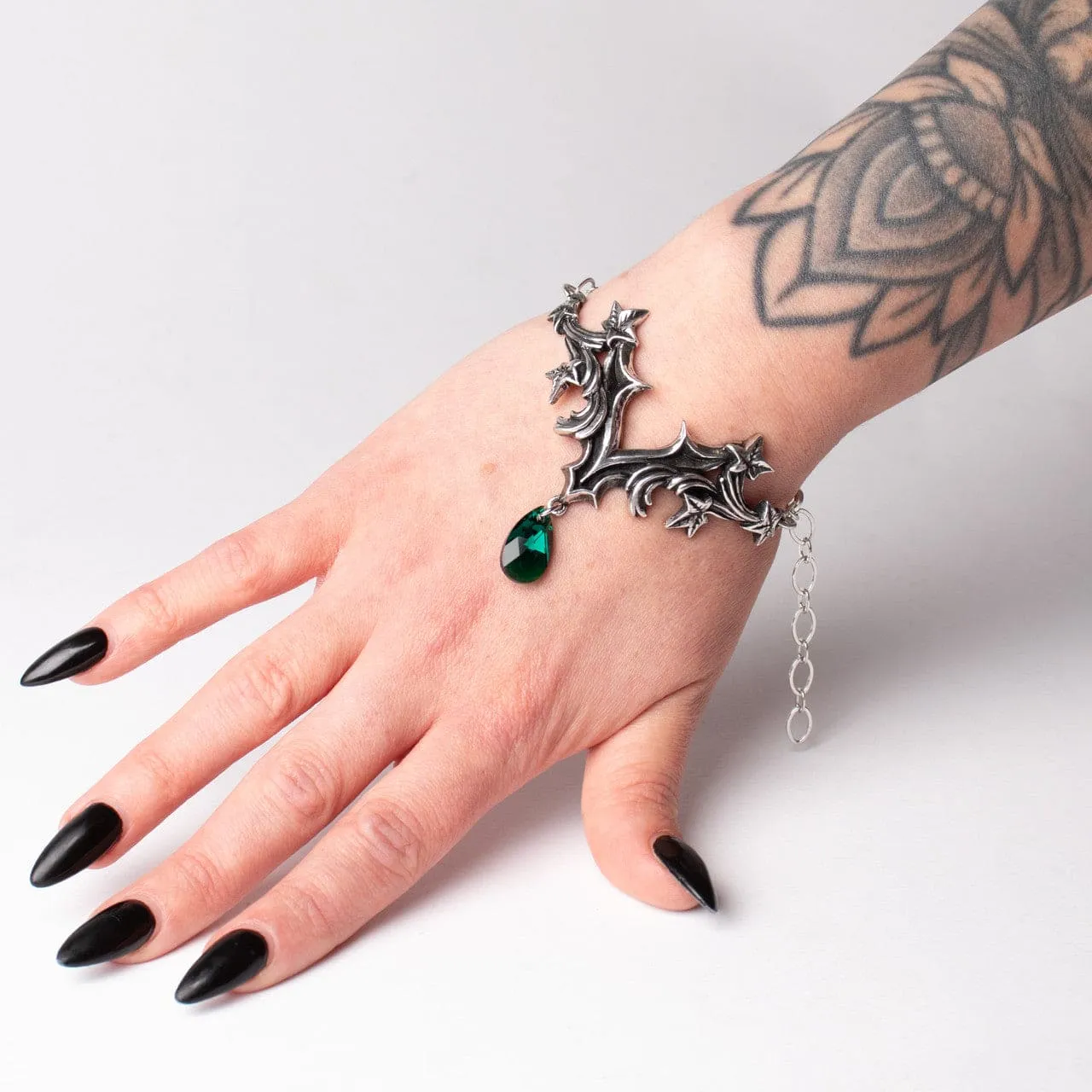 Gothic Bracelet With Delicate Ivy Leaves, baroque Swirls And a Ivy Green Austrian Cut Crystal