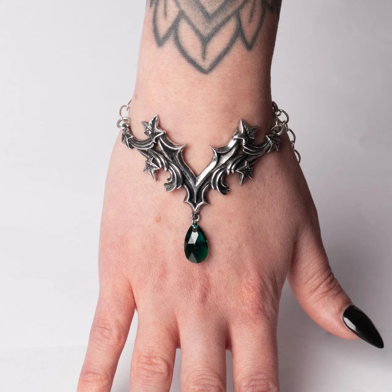 Gothic Bracelet With Delicate Ivy Leaves, baroque Swirls And a Ivy Green Austrian Cut Crystal