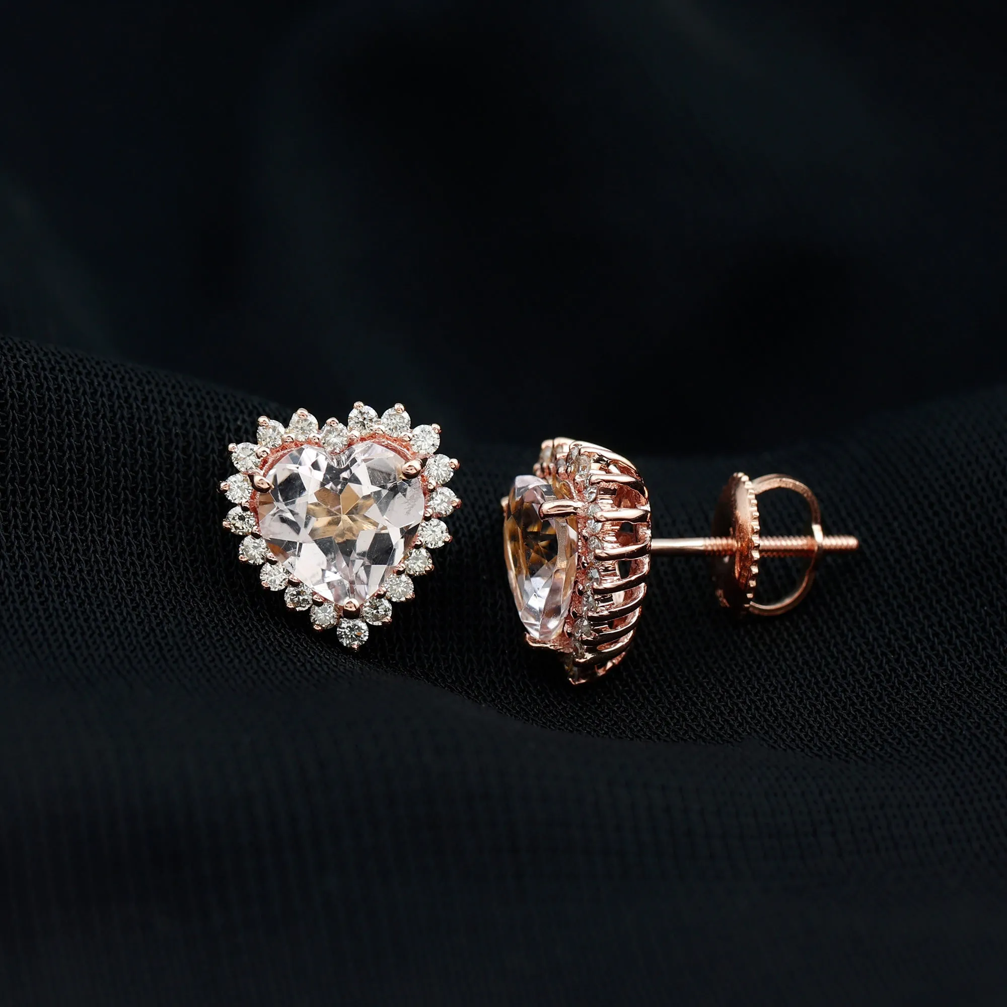 Heart Shape Morganite Halo Stud Earrings with Diamond