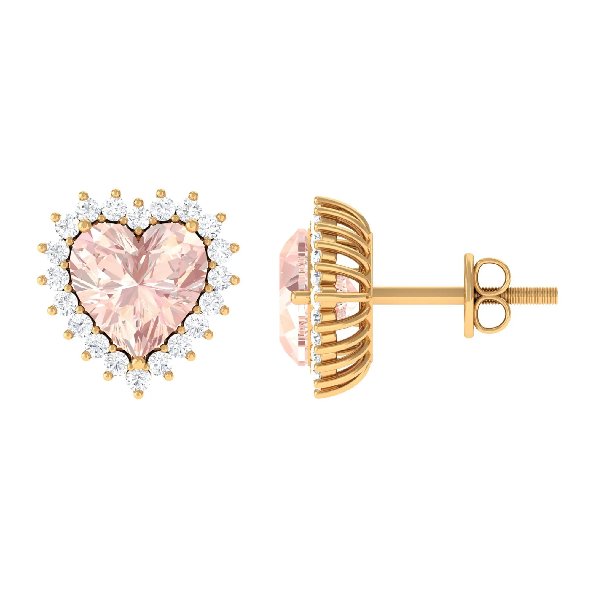 Heart Shape Morganite Halo Stud Earrings with Diamond