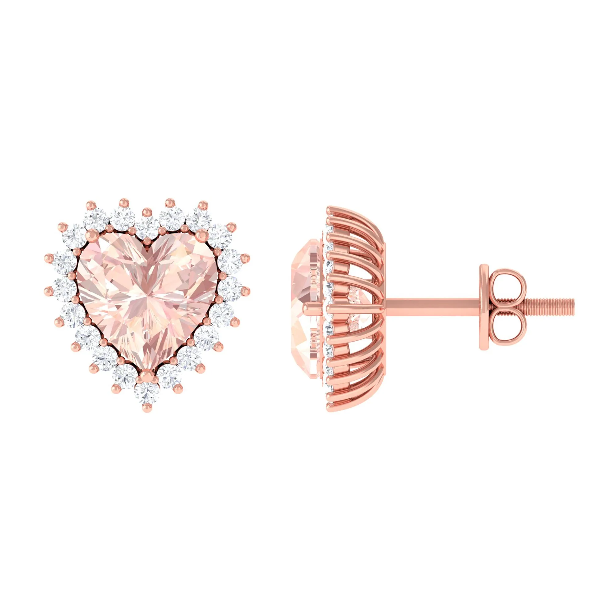 Heart Shape Morganite Halo Stud Earrings with Diamond