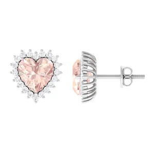 Heart Shape Morganite Halo Stud Earrings with Diamond