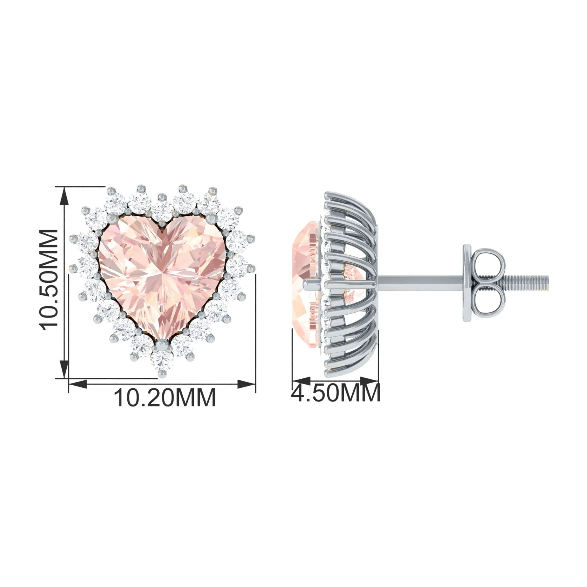 Heart Shape Morganite Halo Stud Earrings with Diamond