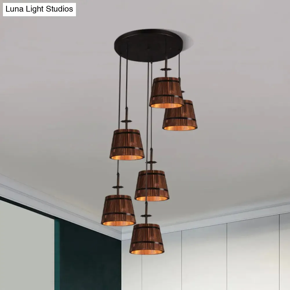 Industrial 6-Light Wooden Tapered Shade Pendant Light in Brown for Coffee Shop