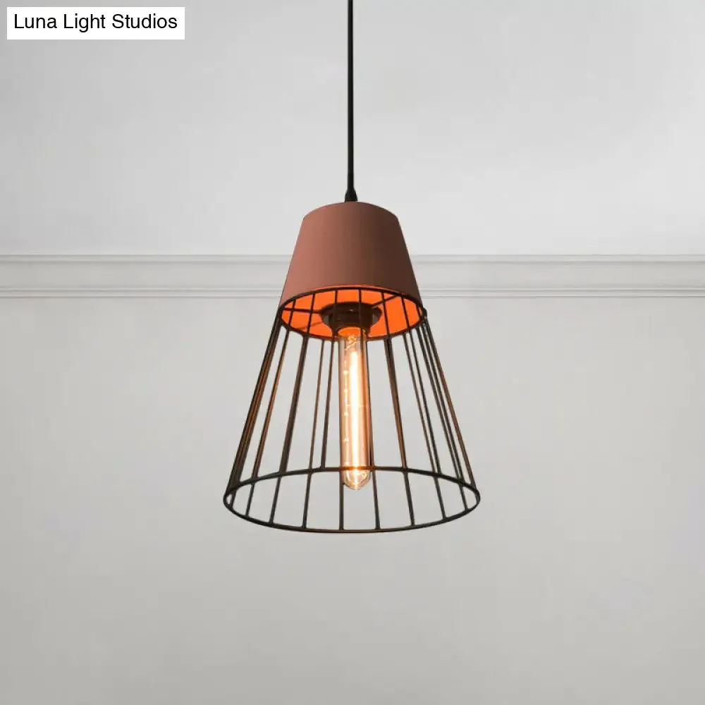 Industrial Loft Metallic Pendant Lighting - Gray/Red Tapered Design with Wire Guard - Ideal for Dining Room Ceiling