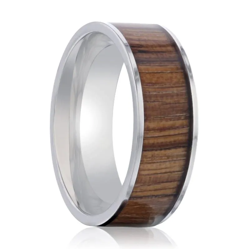 LAMAR | Silver Titanium Ring, Zebra Wood Inlay, Flat