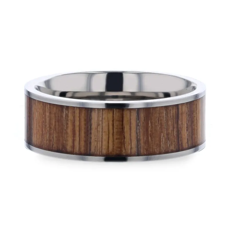 LAMAR | Silver Titanium Ring, Zebra Wood Inlay, Flat