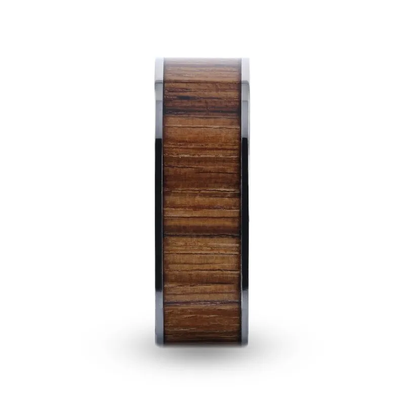 LAMAR | Silver Titanium Ring, Zebra Wood Inlay, Flat