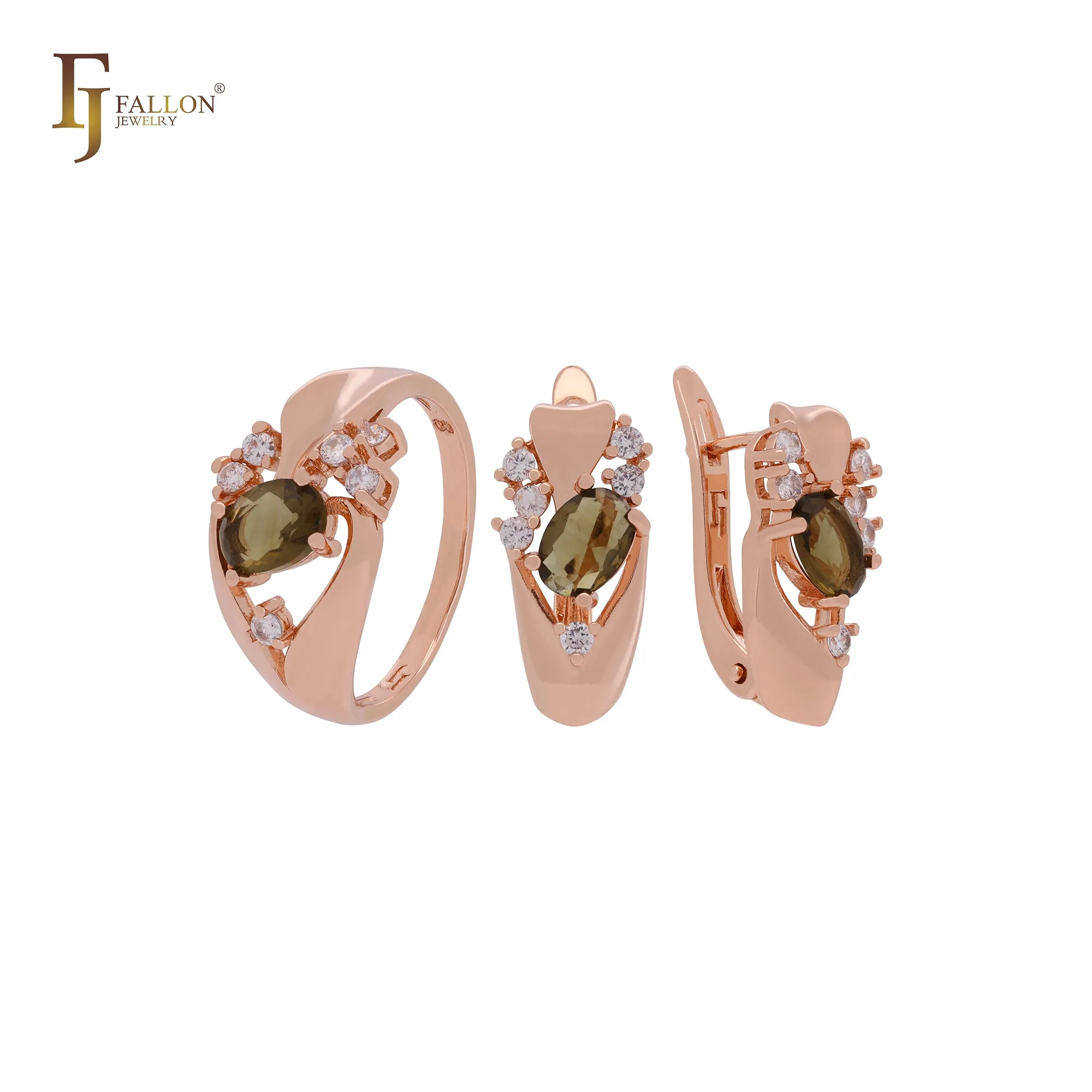 Luxurious white, emerald or coffee CZs Rose Gold Jewelry Set with Rings