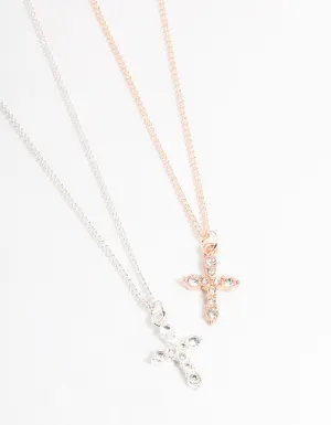 Mixed Metal Classic Diamante Cross Necklace Pack