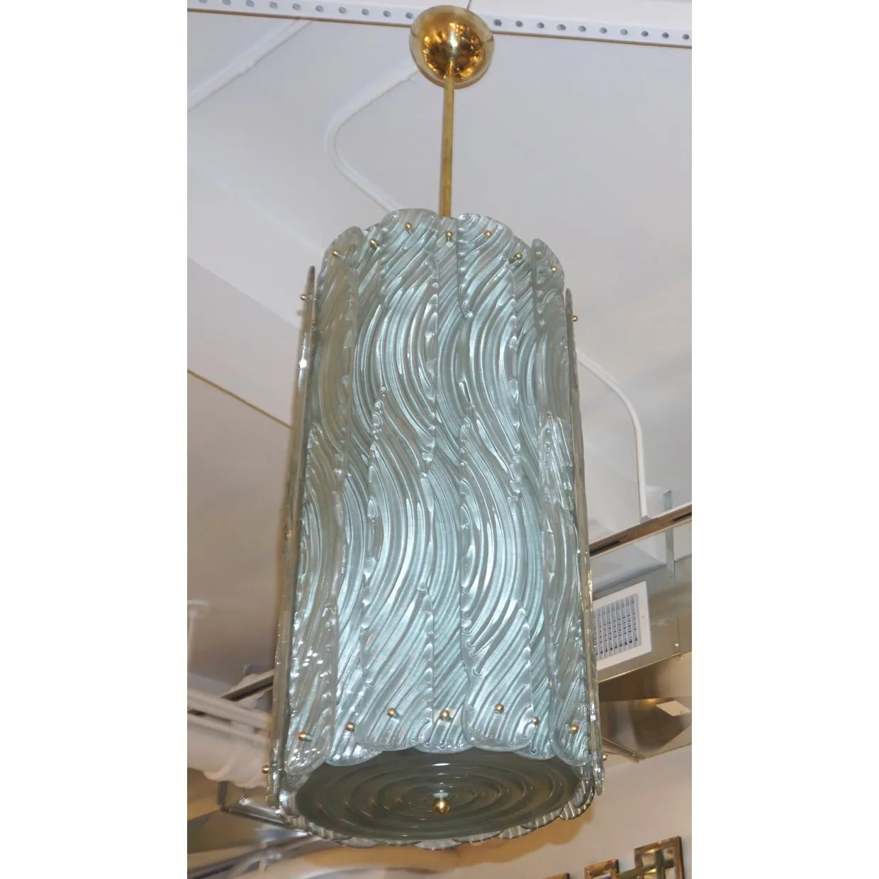 Modern Italian Aquamarine Crystal Murano Glass Tall Brass Lantern / Chandelier