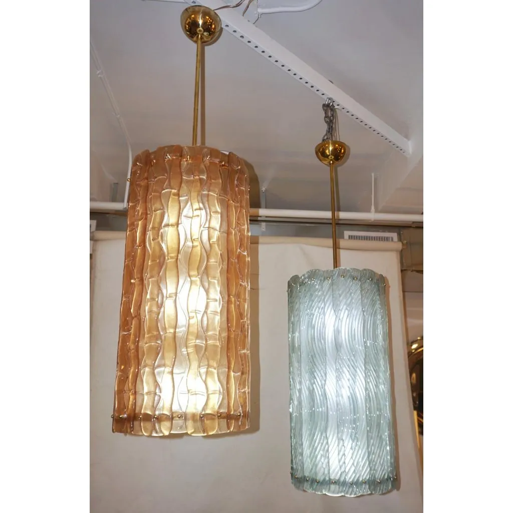 Modern Italian Aquamarine Crystal Murano Glass Tall Brass Lantern / Chandelier