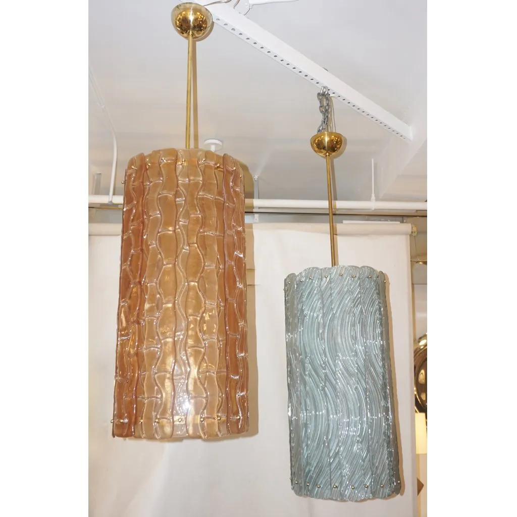 Modern Italian Aquamarine Crystal Murano Glass Tall Brass Lantern / Chandelier