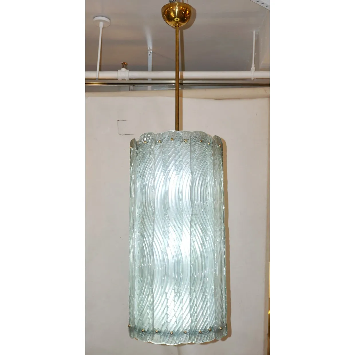 Modern Italian Aquamarine Crystal Murano Glass Tall Brass Lantern / Chandelier