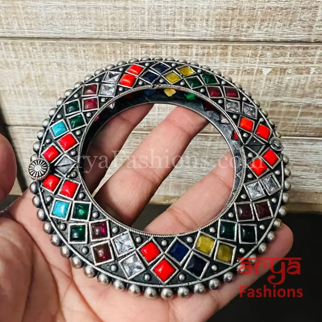 Navratan Gokhru style Ethnic Silver Oxidized Bracelets/ Size 2.4, 2.6