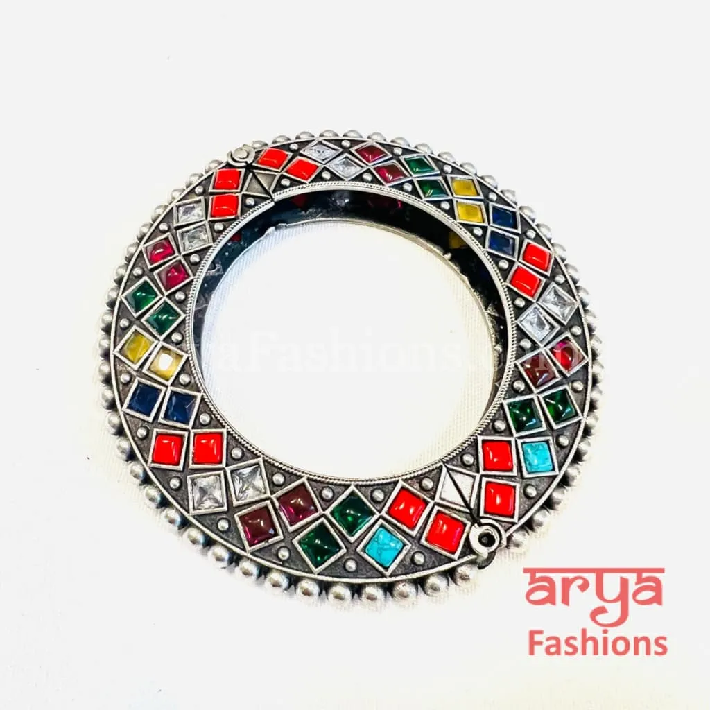 Navratan Gokhru style Ethnic Silver Oxidized Bracelets/ Size 2.4, 2.6