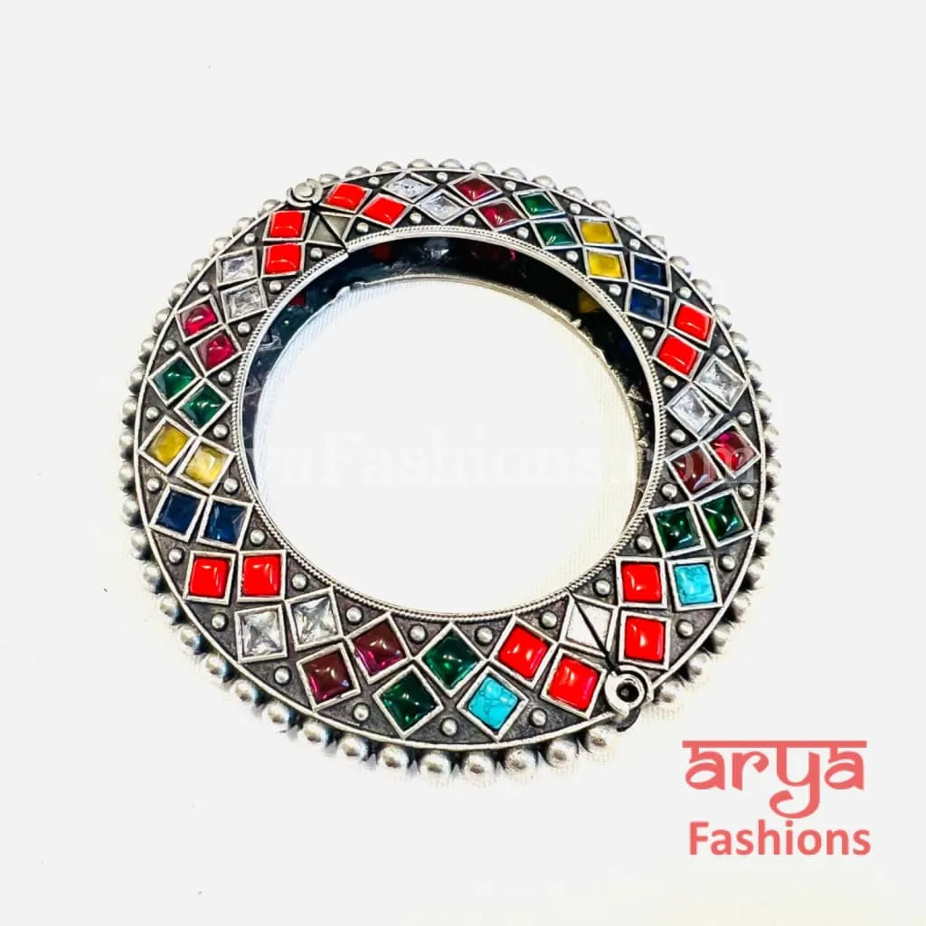 Navratan Gokhru style Ethnic Silver Oxidized Bracelets/ Size 2.4, 2.6