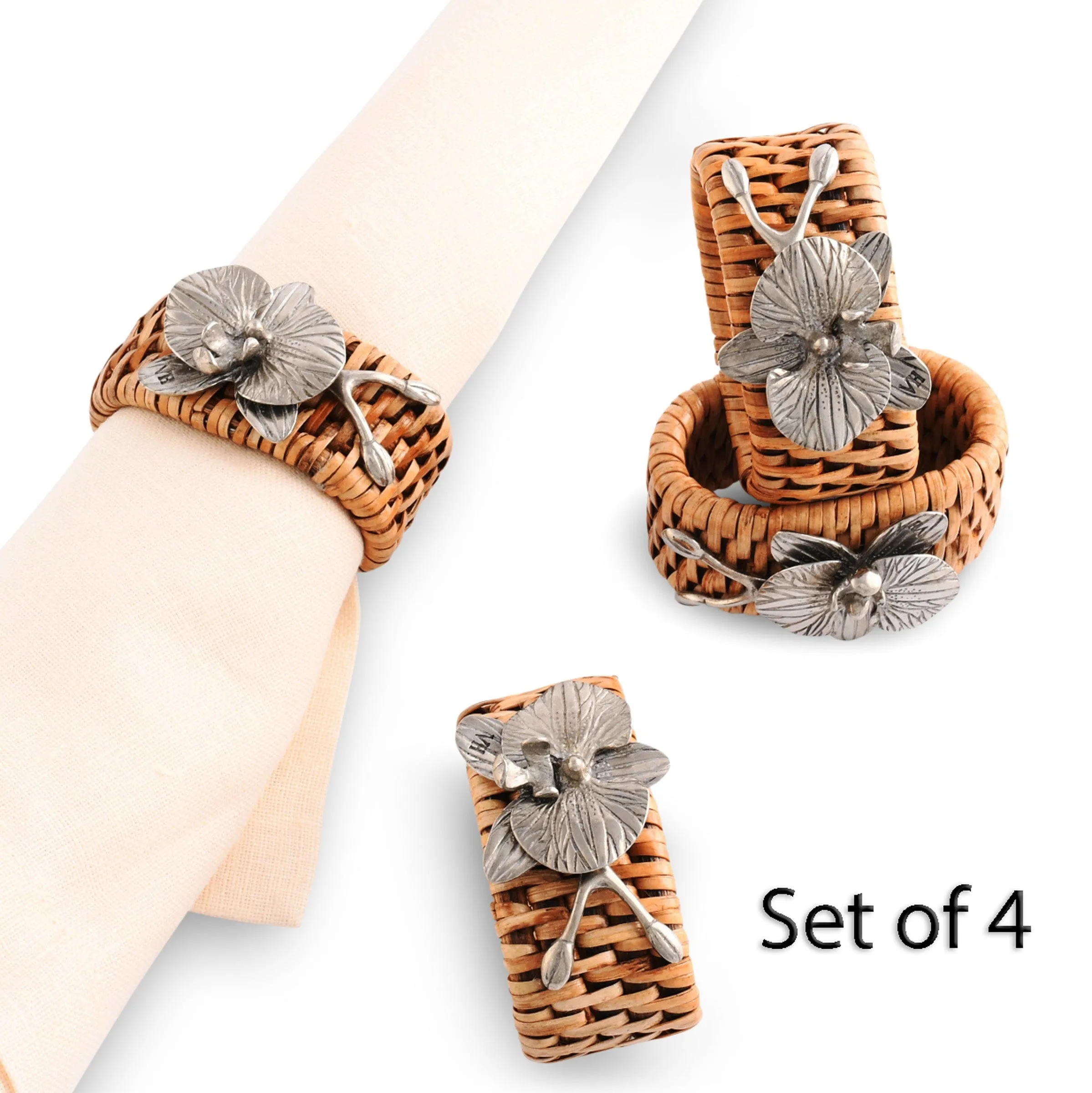 Orchid Hand Woven Wicker Rattan Napkin Ring, Set of 4