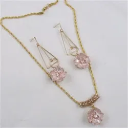 Pink Flower & Gold Pendant Necklace & Earrings