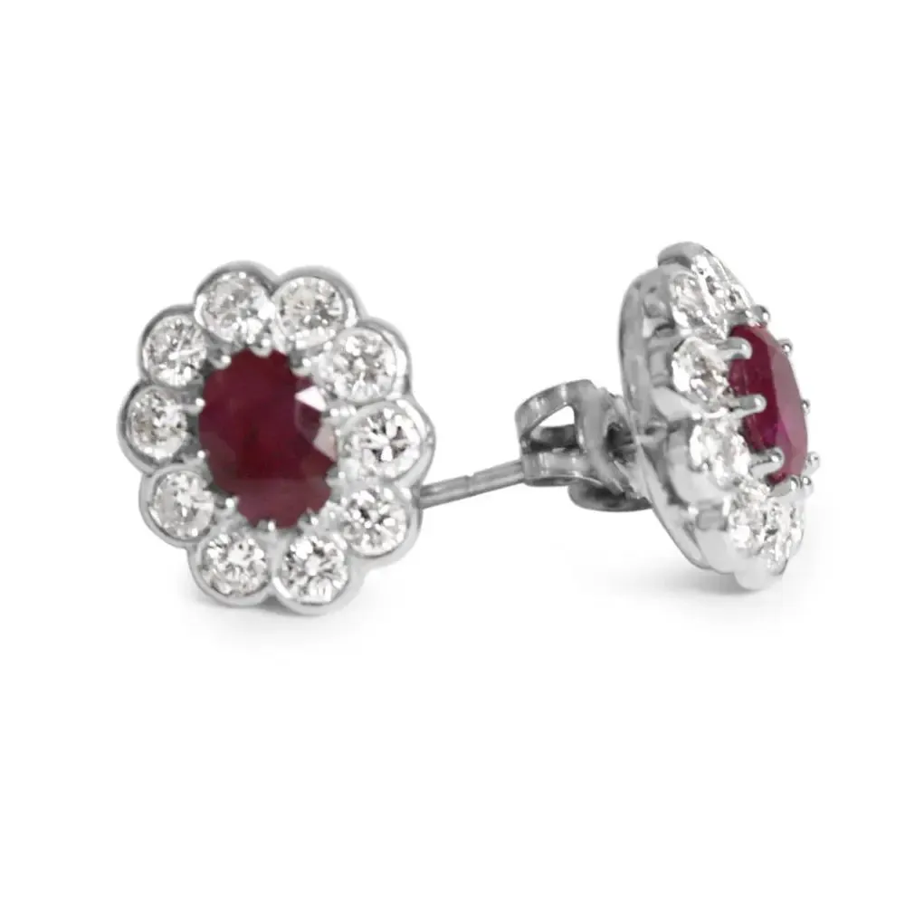 Platinum Oval Cut Ruby & Brilliant Diamond Cluster Stud Earrings