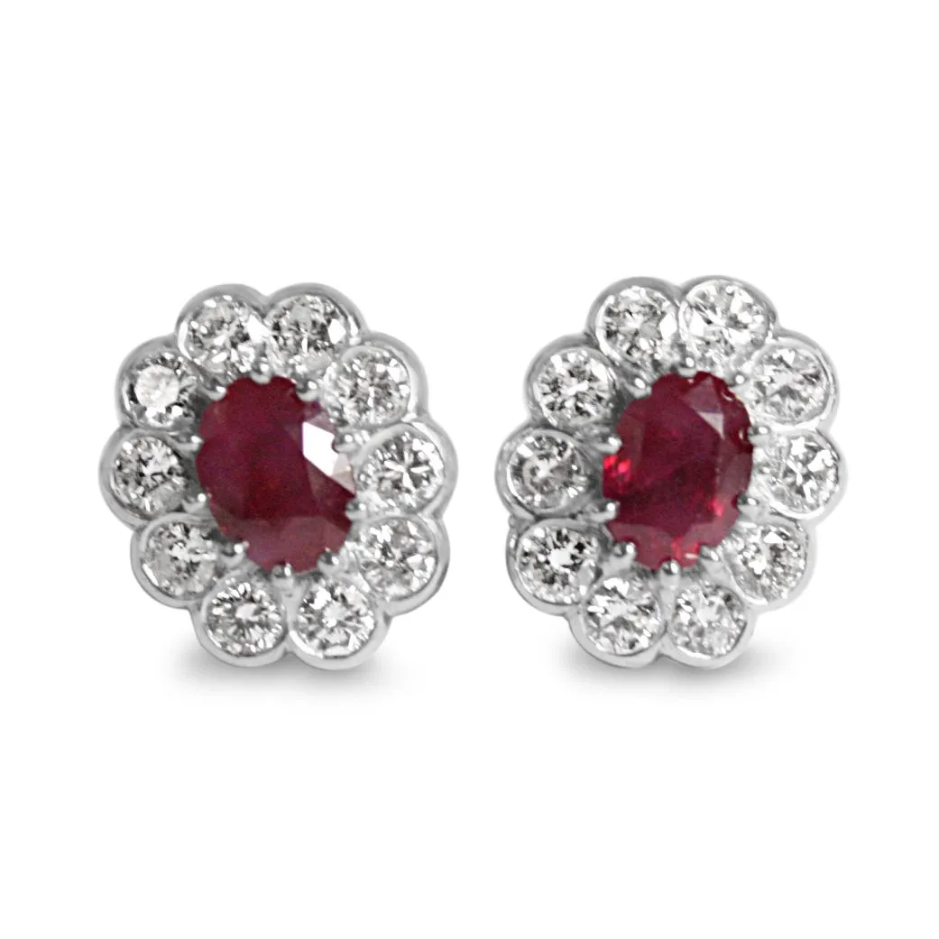 Platinum Oval Cut Ruby & Brilliant Diamond Cluster Stud Earrings