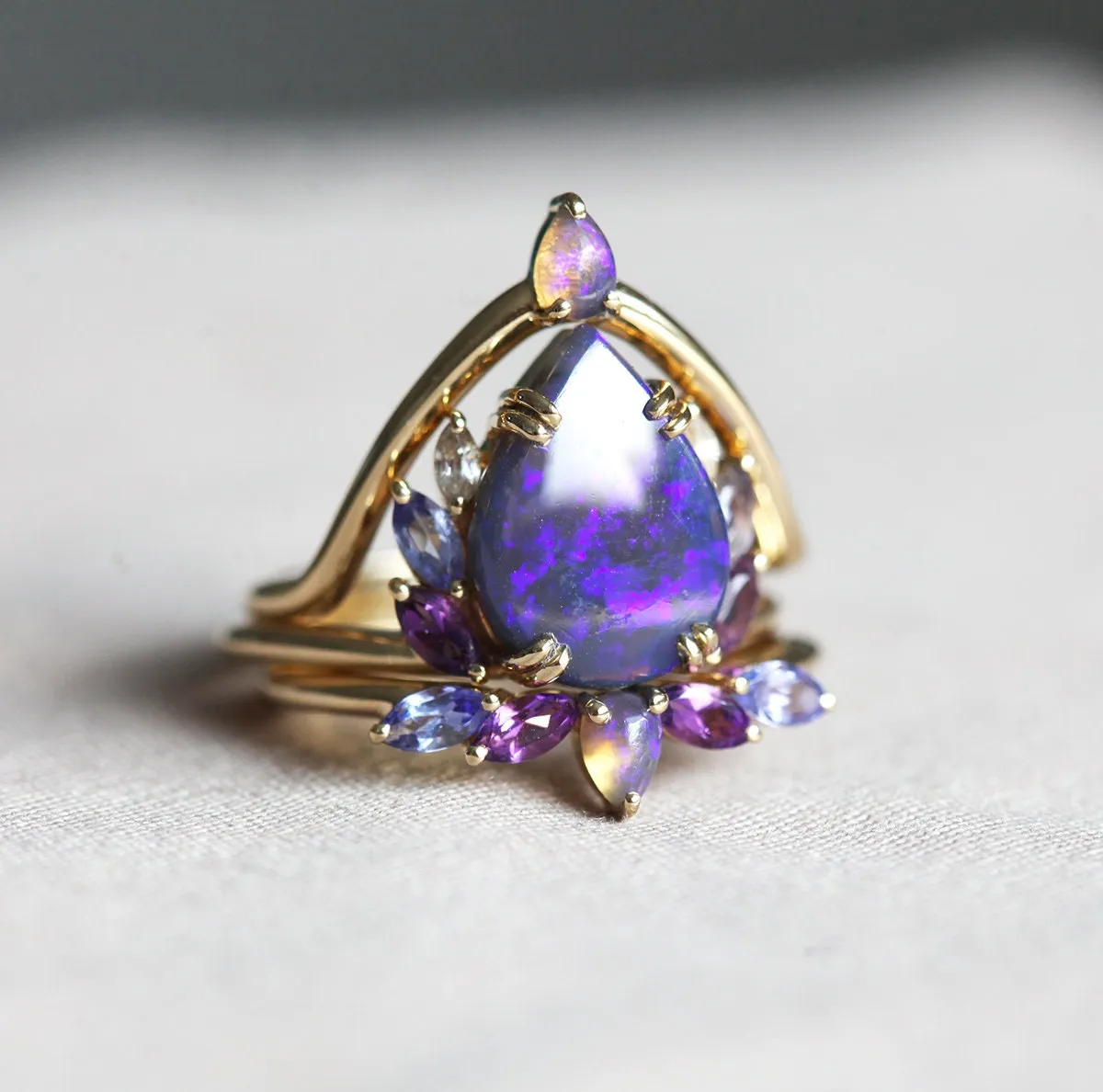 Raiven Pear Black Opal Ring Set