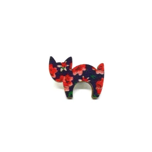 Red Floral Scaredy Cat Wooden Brooch