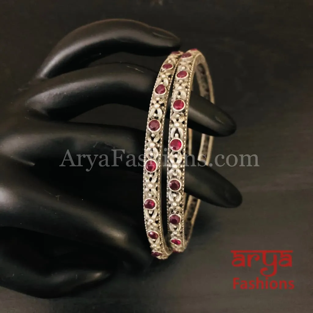 Red Ruby Silver Oxidized Bangles, Pair of 2 Bangles