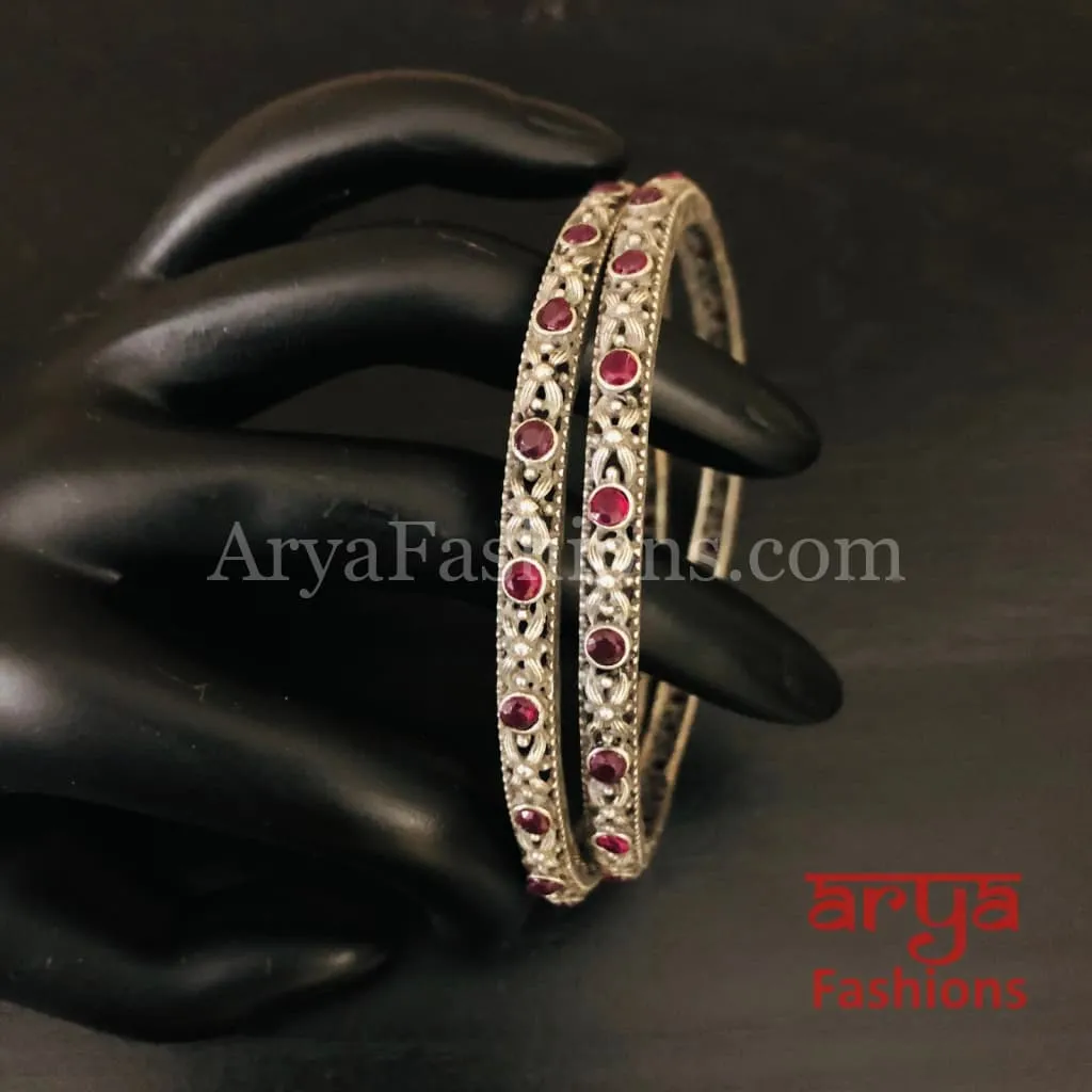 Red Ruby Silver Oxidized Bangles, Pair of 2 Bangles