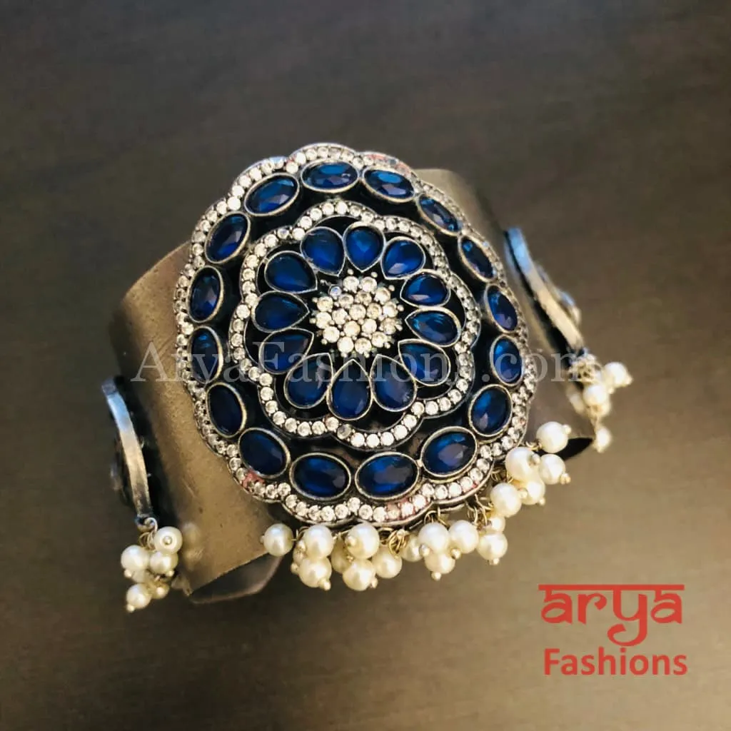 Risha Blue Beads Handwork Oxidized Silver Statement Cuff Bracelet