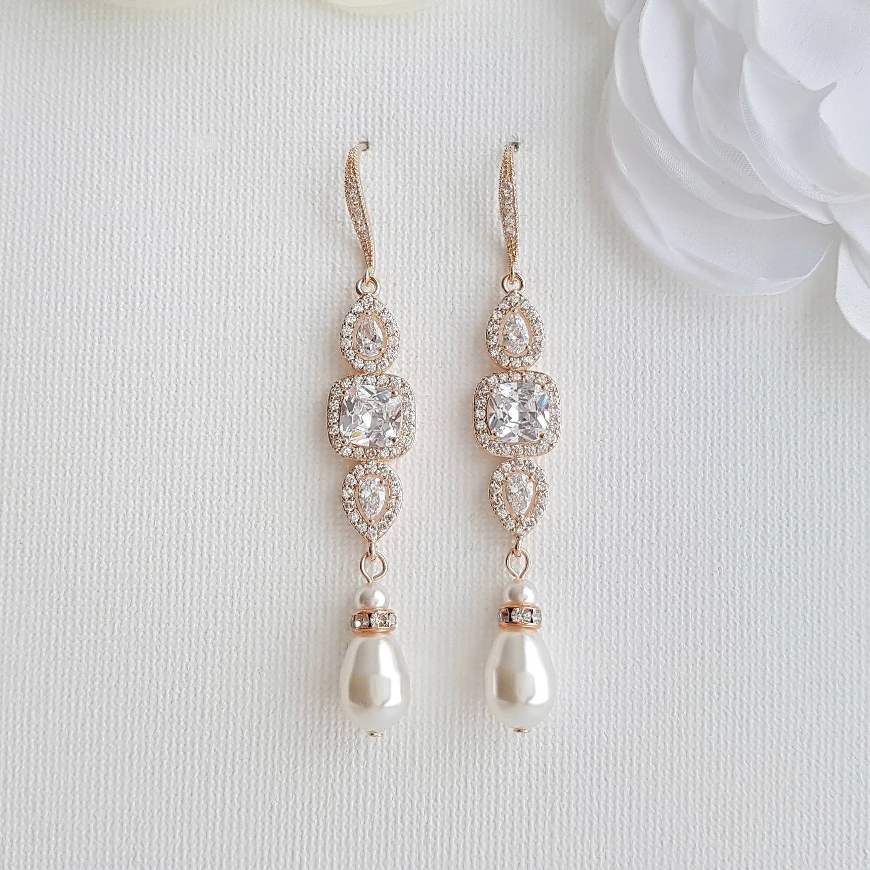 Rose Gold Pearl Drop Wedding Earrings-Gianna