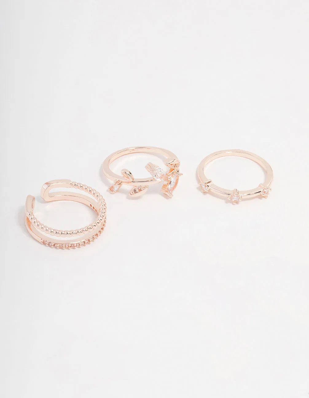 Rose Gold Plated Cubic Zirconia Leafy Station Ring 4-Pack