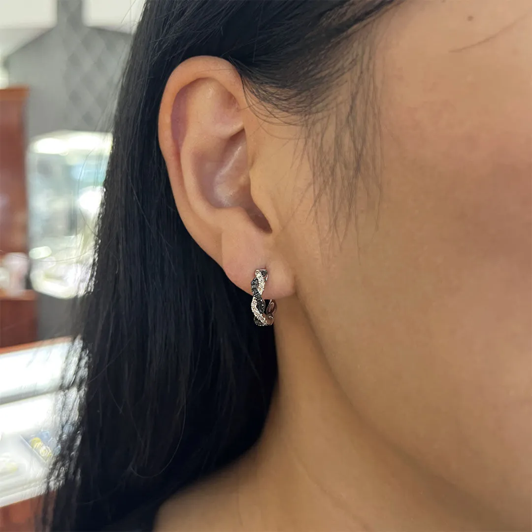 Silver Braided Black Diamond Hoop Earrings