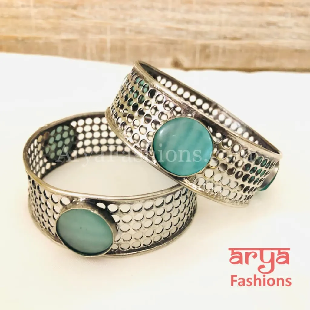 Silver Oxidized Net Bangles with colored Stones