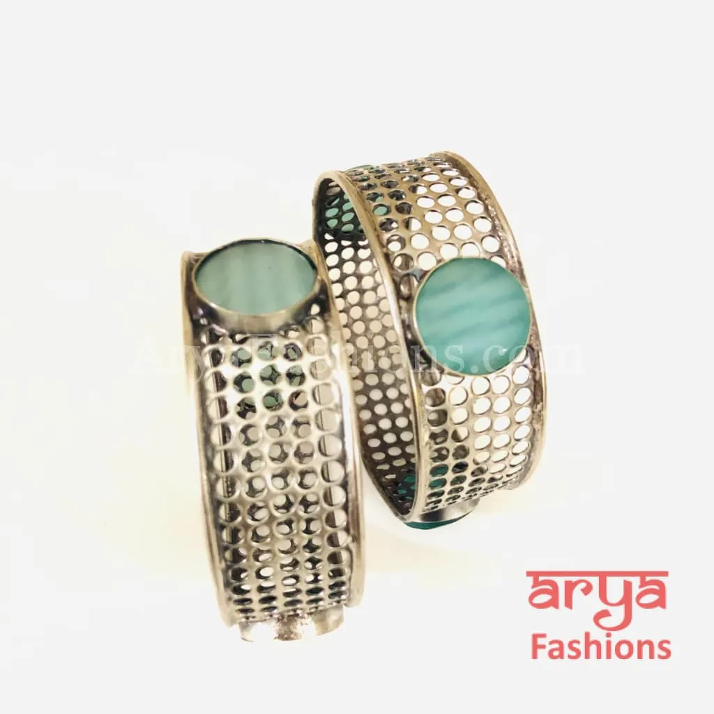 Silver Oxidized Net Bangles with colored Stones