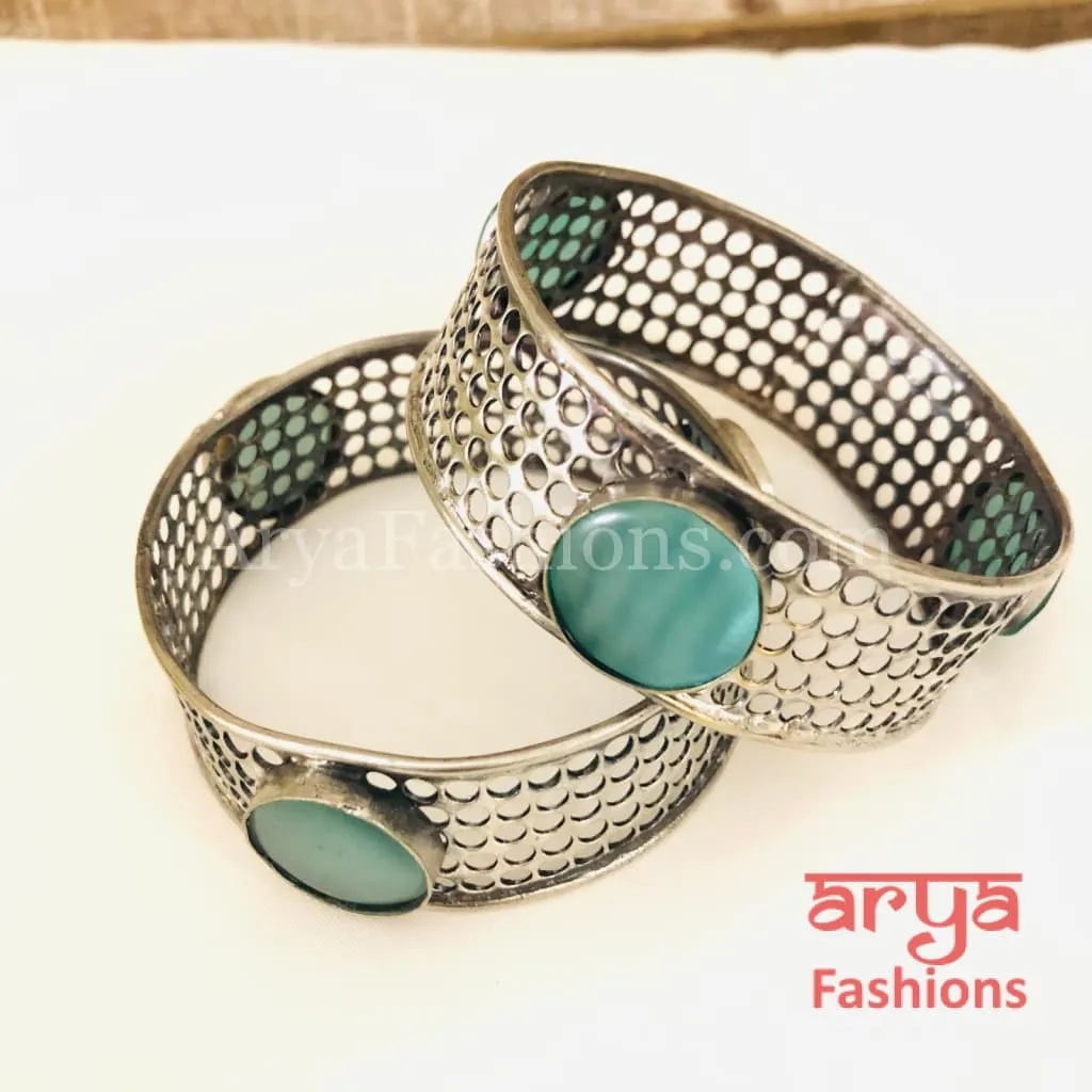 Silver Oxidized Net Bangles with colored Stones