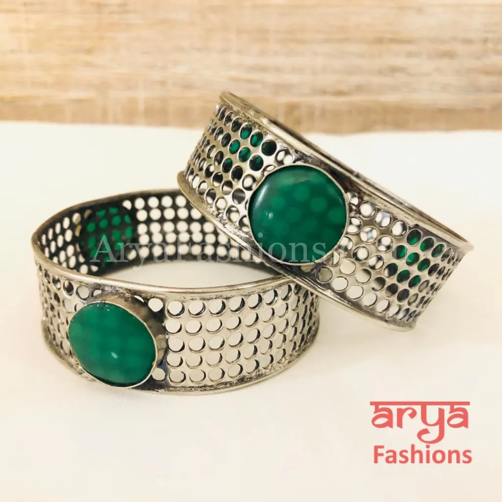 Silver Oxidized Net Bangles with colored Stones