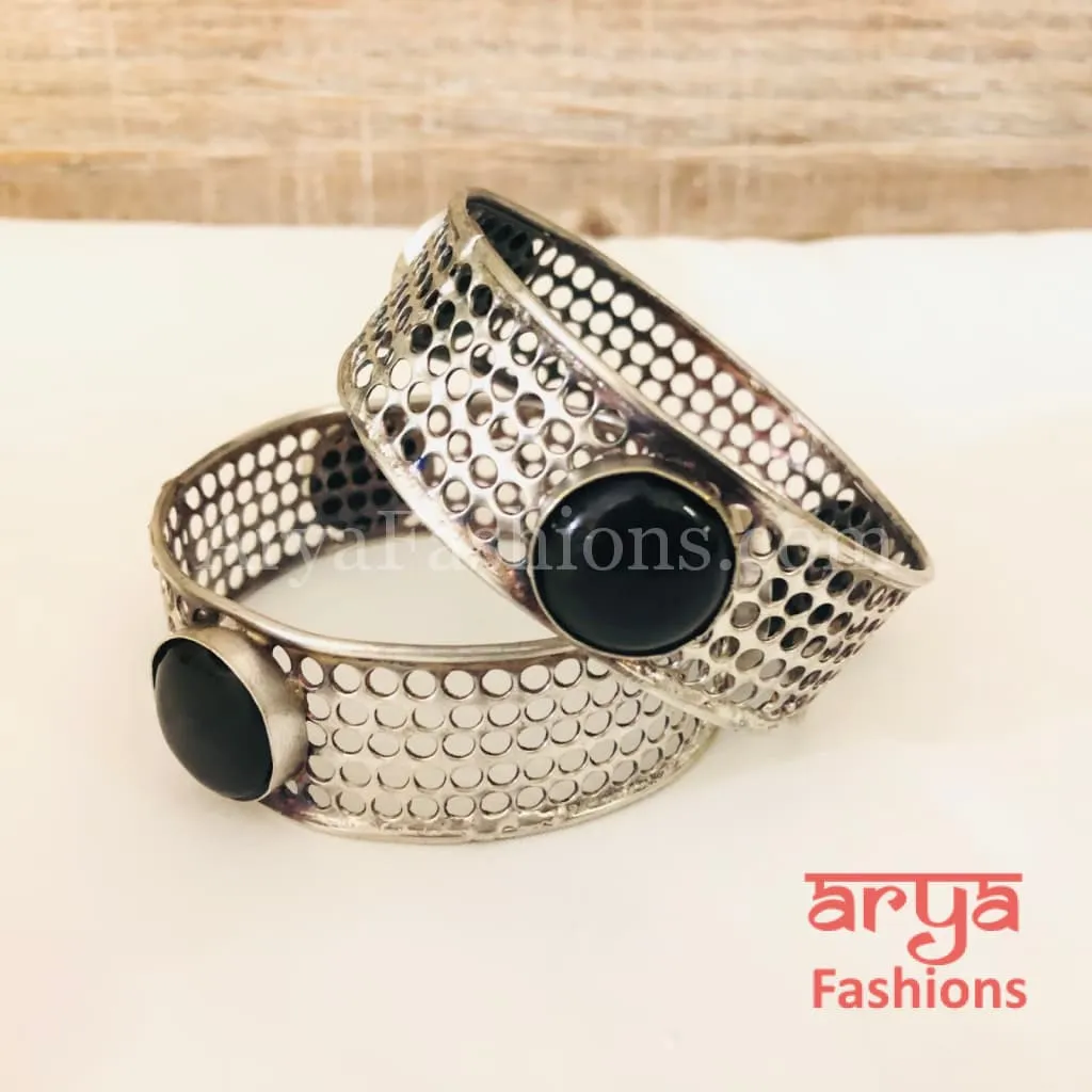 Silver Oxidized Net Bangles with colored Stones