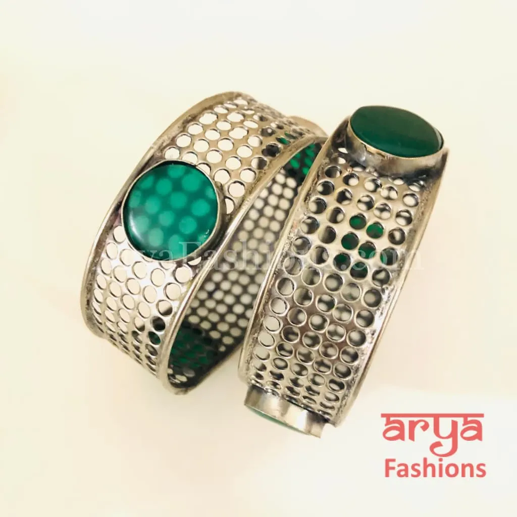 Silver Oxidized Net Bangles with colored Stones