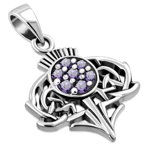 Small Thistle Silver Pendant set w/ Amethyst CZ