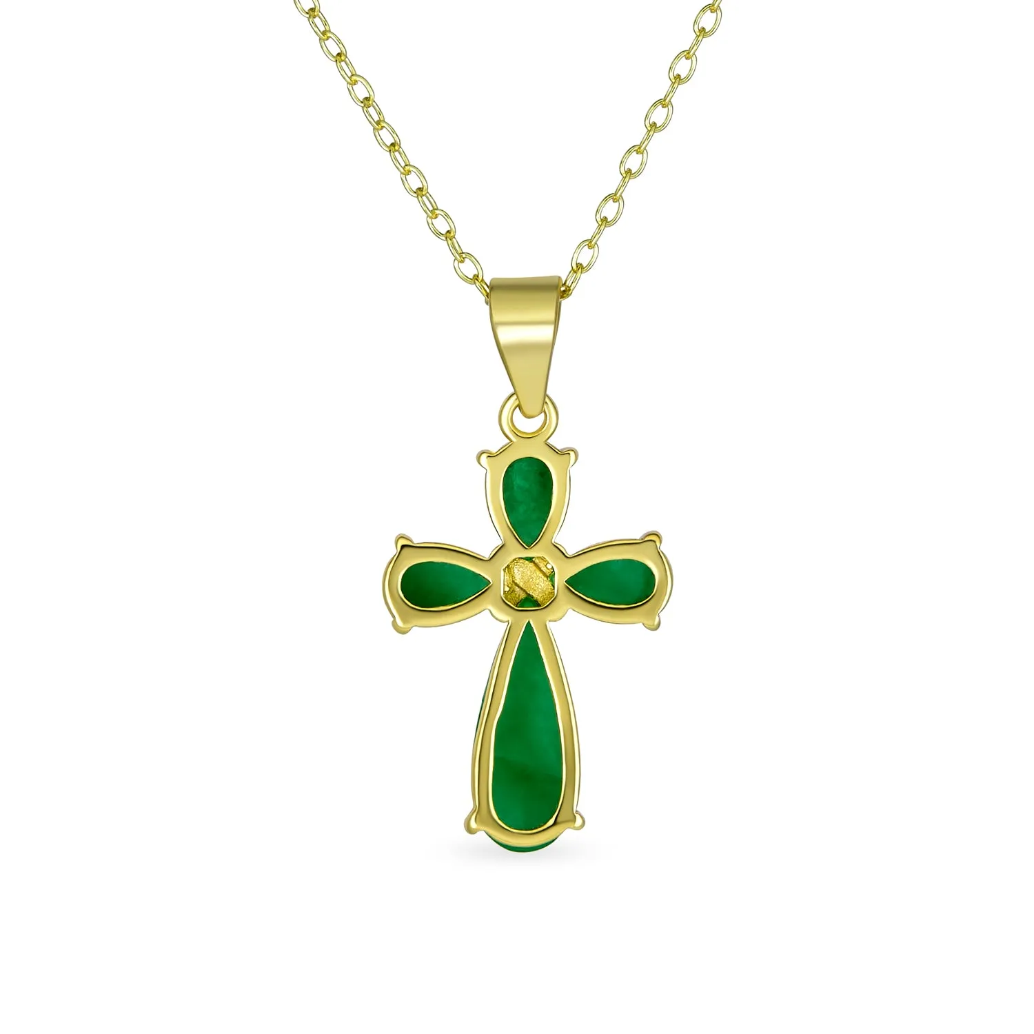 Small Timeless Fashion Green Jade Cross Pendant Necklace Gold Plated Silver Chain