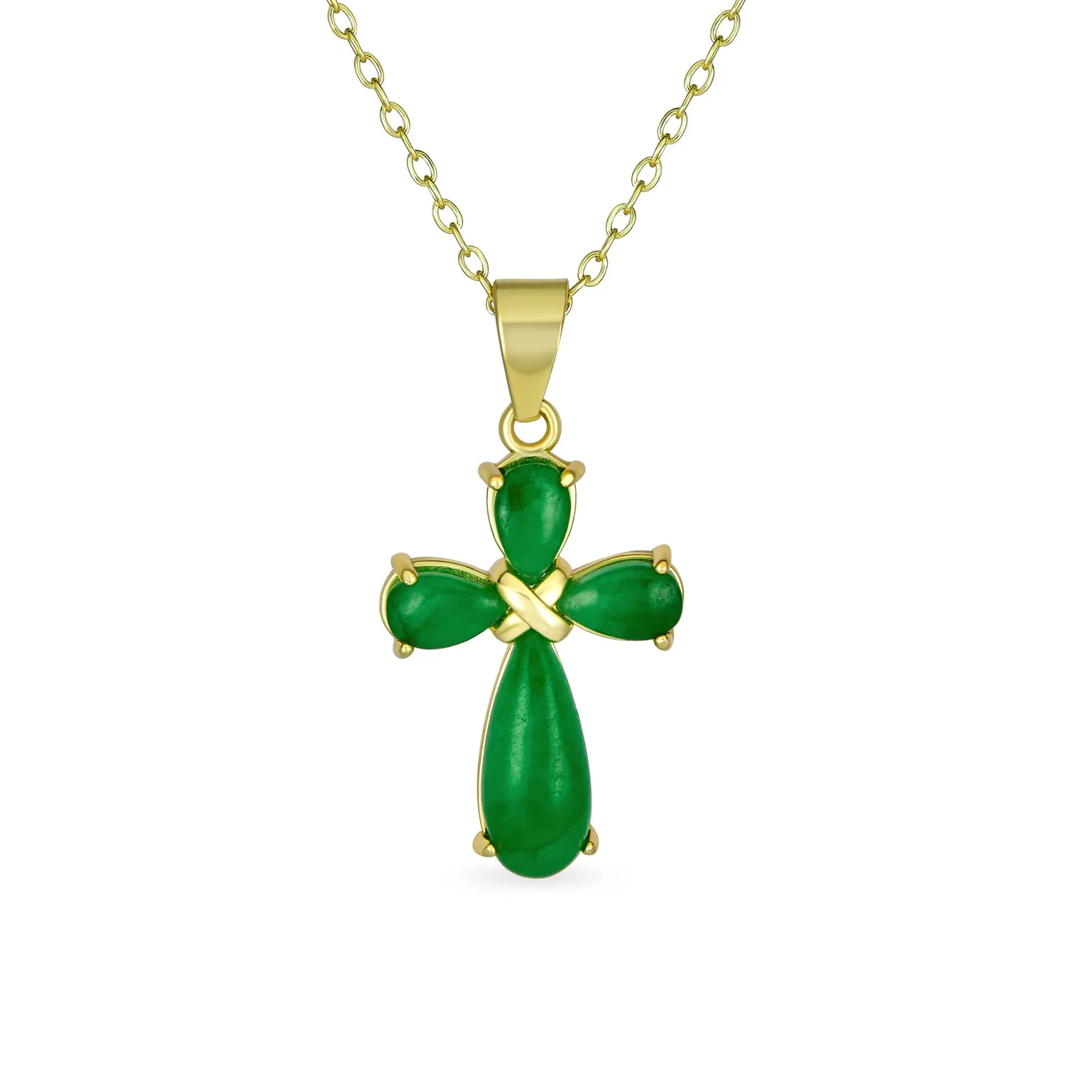 Small Timeless Fashion Green Jade Cross Pendant Necklace Gold Plated Silver Chain