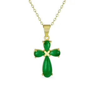 Small Timeless Fashion Green Jade Cross Pendant Necklace Gold Plated Silver Chain