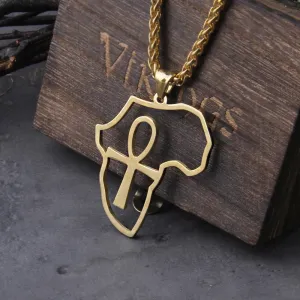 Stainless Steel Africa Map & Ankh Cross Pendant Viking Necklace