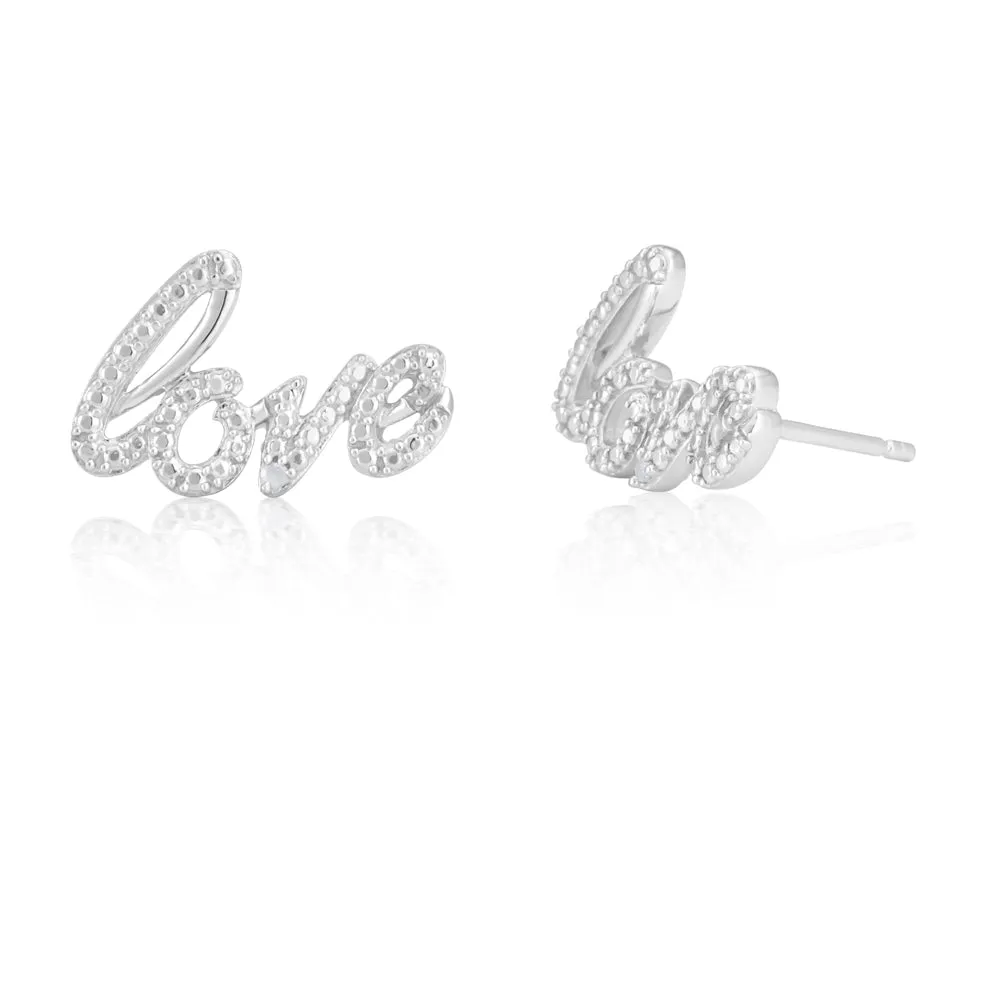 Sterling Silver 0.01 Carat Diamond Love Stud Earrings with 2 Brilliant Cut Diamonds