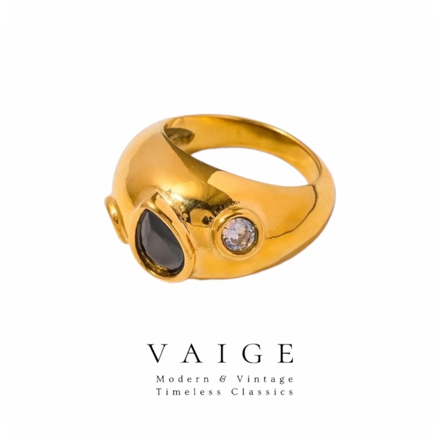 VAIGE Elegant Water Drop Stainless Steel Ring with Sparkling Cubic Zirconia - Silver