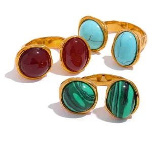 VAIGE Size 7 Vintage Natural Stone Geometric Big Ring with PVD Gold Plating and Red Agate/Malachite/Turquoise