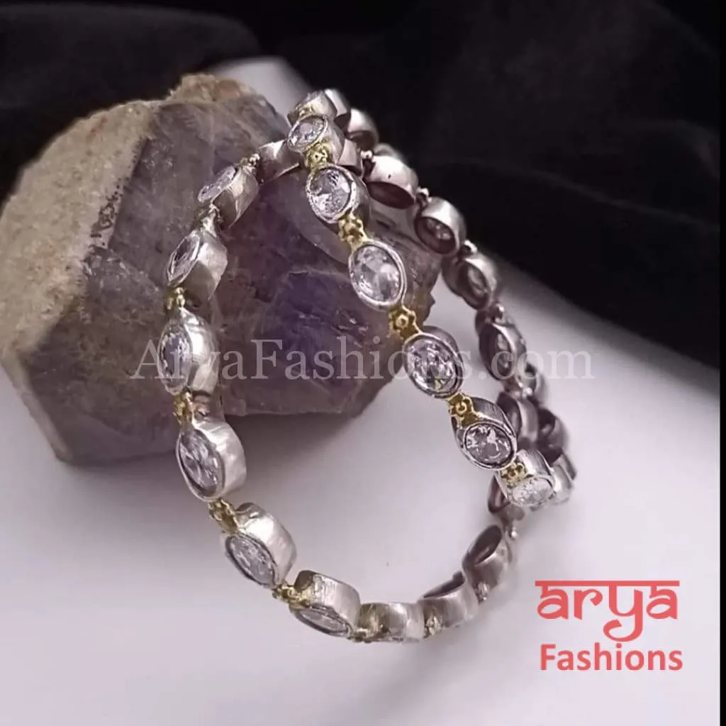 White stones Silver and Golden Dual Tone bangles, Pair of 2 Bangles